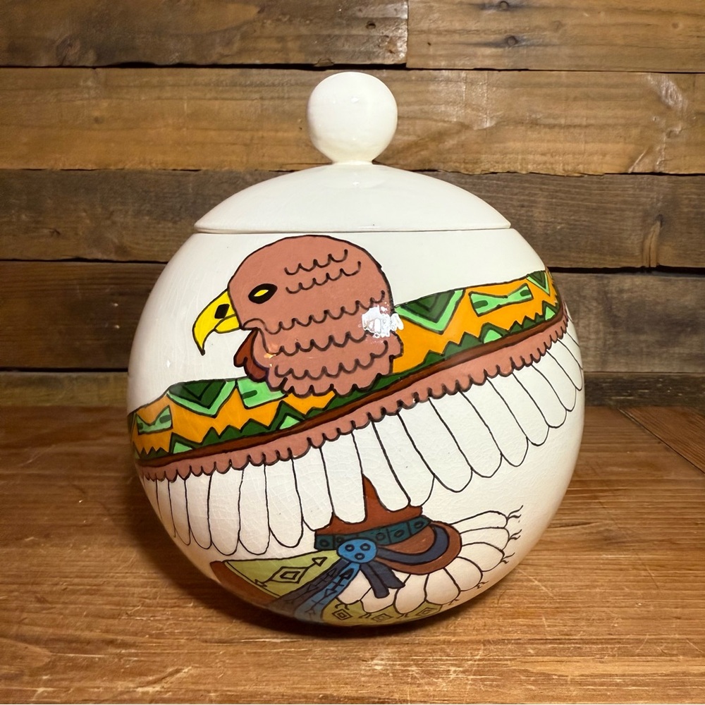 Vintage Arnels Round Jar with‎ Lid ~ Native American Print Bird